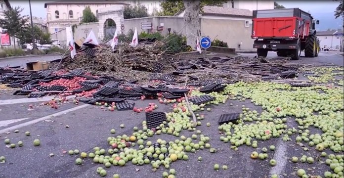 Drôme : en colère, des agriculteurs déversent des fruits devant la préfecture à Valence