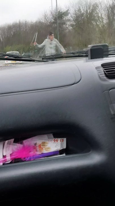 Man Bashes Windshield on Moving Car