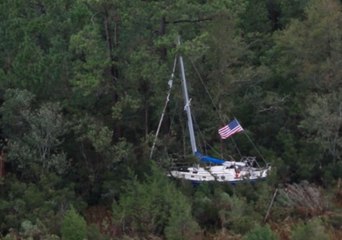 Helicopter Survey Shows Boat Stuck in Trees After Hurricane Florence