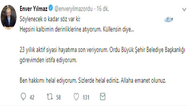 Ordu Büyükşehir Belediye Başkanı Enver Yılmaz istifa etti
