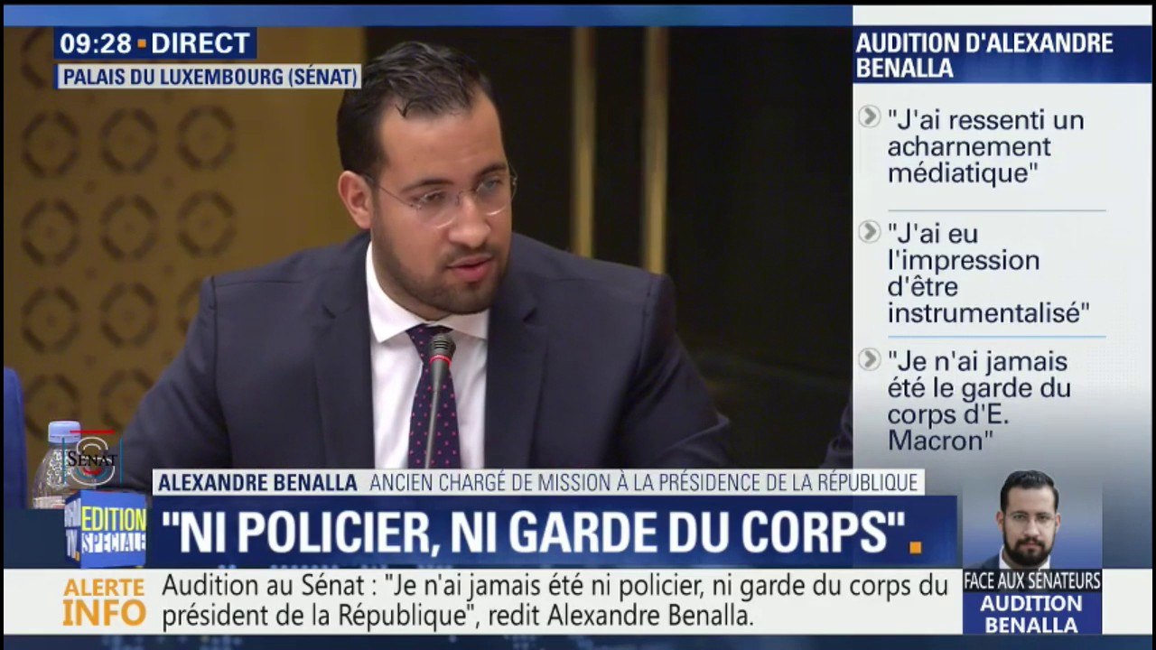 Benalla sur ses missions à l'Elysée : "L'organisation des déplacements nationaux, des événements au palais, des déplacements privés du président et une tâche de coordination des services de sécurité"