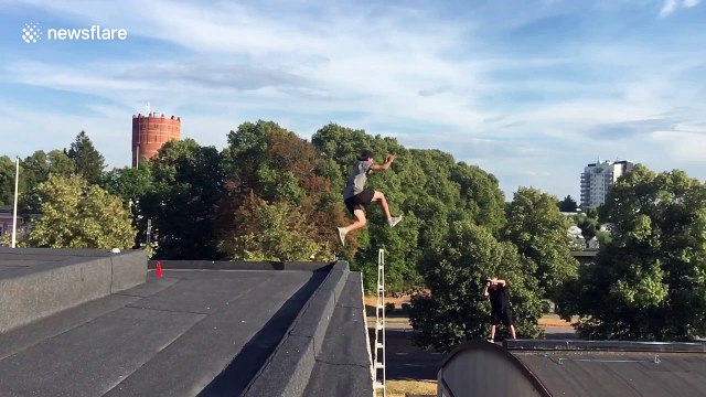 Parkour jumper loses shoes mid-air