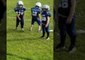 Pee-Wee Football Player Gets Pumped Up on the Sidelines