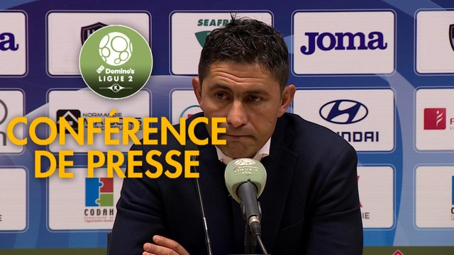 Conférence de presse Havre AC - ESTAC Troyes (1-1) : Oswald TANCHOT (HAC) - Rui ALMEIDA (ESTAC) - 2018/2019