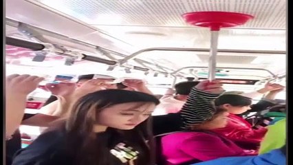 Chinese woman uses plunger as a makeshift handle on bus