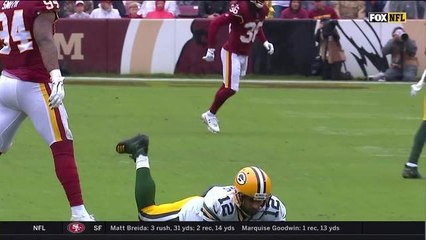 Rodgers throws a dart mid-tackle to Allison for first down