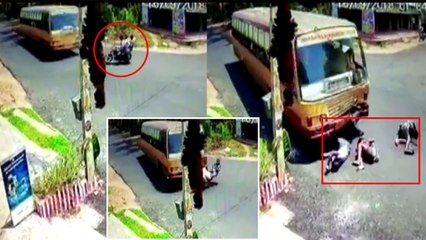 VIDEO: बस से जाकर सीधी भिड़ी बाइक, फिर भी बच गए बाइक सवार