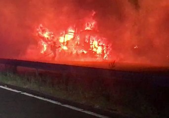 Lorry Is Engulfed by Flames on M40