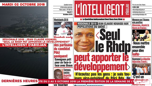 Le Titrologue du 02 Octobre 2018 : Régionale 2018 , Jean Claude Kouassi Seul le RHDP peut apporter le développement