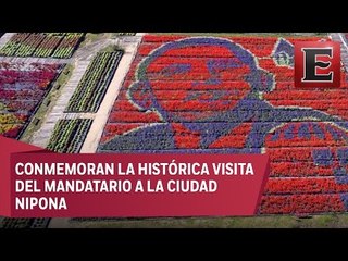 Forman en Hiroshima un enorme busto de Obama con miles de flores