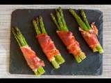 Rollos de espárragos horneados con queso y jamón serrano