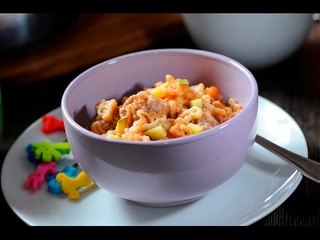 Sopa de pasta con forma de dinosaurios con albóndigas