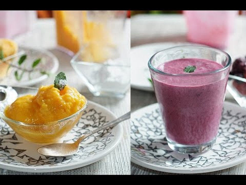 Helado de mango y smoothie de frutos rojos