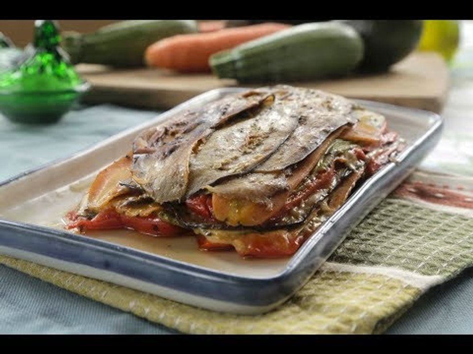 Lasaña vegetariana de pimientos con berenjena sin gluten