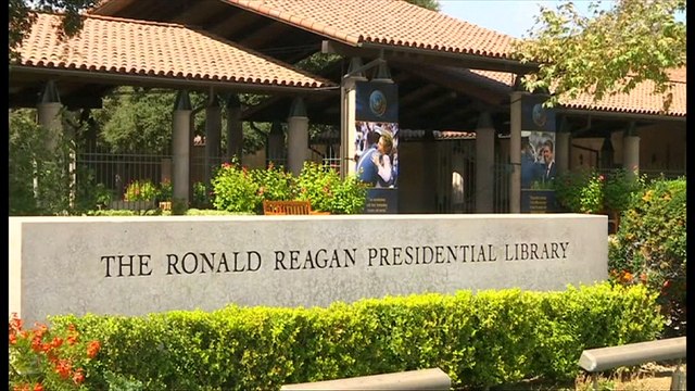 A hologram of Ronald Reagan welcomes visitors at his presidential library
