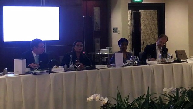 الدكتورة سحر نصر وزيرة الاستثمار والتعاون الدولى اثناء جلسة حول تحقيق اهداف التنمية