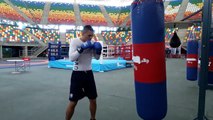 The boxers are tapering off with their training so refining techniques and cardios is on the card. During training yesterday..  Malcolm Matthes pounding at the