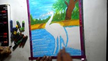 How to draw an Egret scenery with Oil Pastels ( 247 )