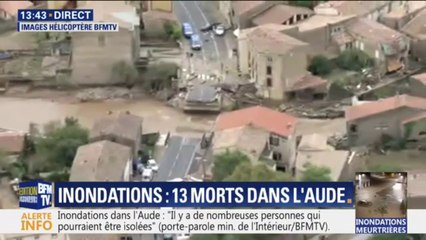 Les images de l'hélicoptère BFMTV au-dessus de Villegailhenc, où un pont a été emporté par les eaux