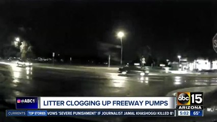 Litter clogging freeway pumps as they work to drain water