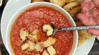 RECIPE ➡️ Nothing says childhood like homemade tomato soup, especially when its topped with grilled cheese croutons!