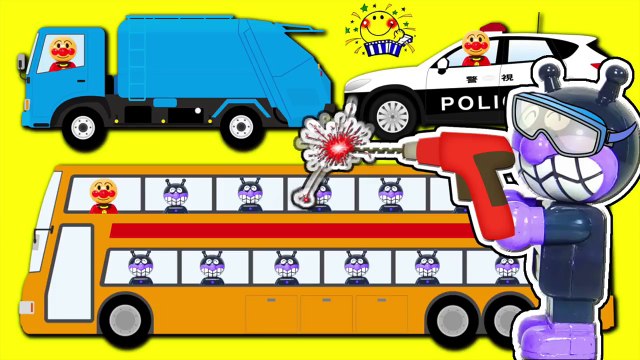 はたらくくるまをアンパンマンと工場で作ろう★子供向けアニメ♪のりものあつまれ★色んな働く車 乗り物だいすき！ゴミ収集車 救急車 パトカー バス ショベルカー クレーン車 ユンボ おもちゃ