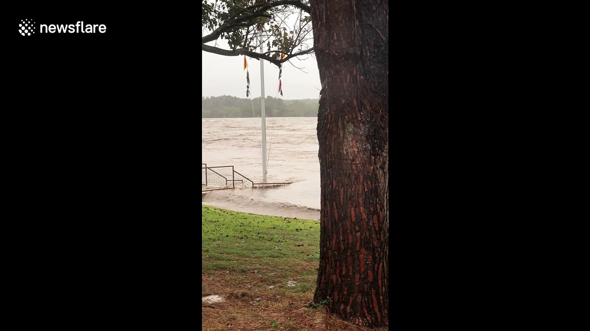 ⁣Footage shows broken parts of bridge floating in flooded Texas river