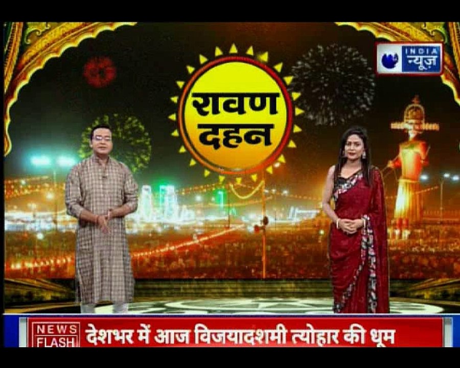 PM Narendra Modi burns effigy of Ravan during Dusherra celebrations at Luv-Kush Ramlila in Lal Qila Maidan