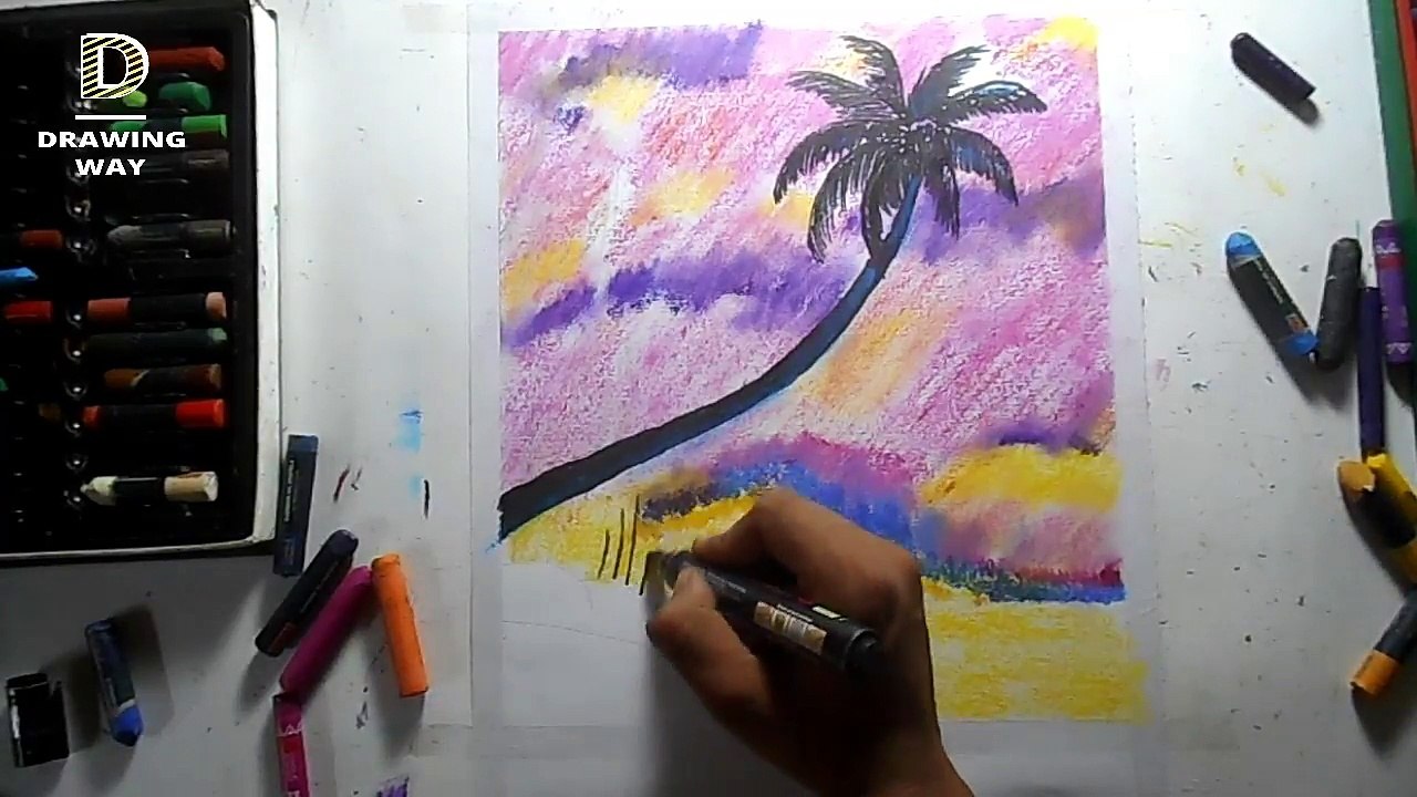 How to draw coconut trees scenery with oil pastels step by step ( 266 )