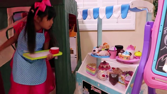 Emma Pretend Playing in Cafe Restaurant Tent w/ Food Toys