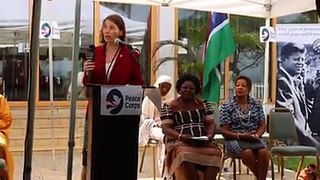 New Peace Corps The Gambia Country Director, Megan Wilson, addresses the swearing-ceremony of 14 educational volunteers Thursday at the Ambassador's Residence i