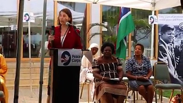 New Peace Corps The Gambia Country Director, Megan Wilson, addresses the swearing-ceremony of 14 educational volunteers Thursday at the Ambassador's Residence i