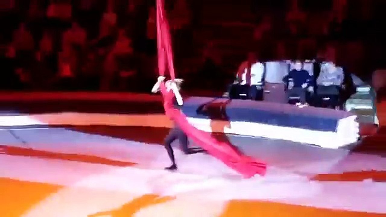 Une acrobate fait une énorme chute pendant un numéro de tissu aérien