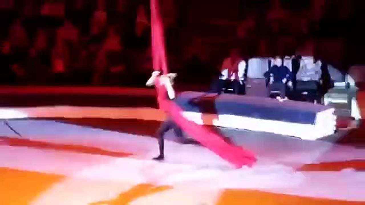 Une acrobate fait une énorme chute pendant un numéro de tissu aérien