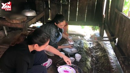 Hoa hậu Tiểu Vy xắn tay áo rửa chén