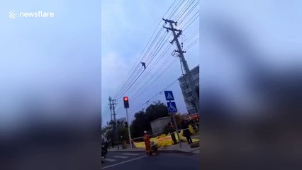 Chinese man filmed "tightrope walking" on high-voltage power lines 1