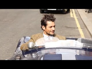 Superstar model David Gandy and Jaguar C-type at Saville Row for Goodwood Members' Meeting