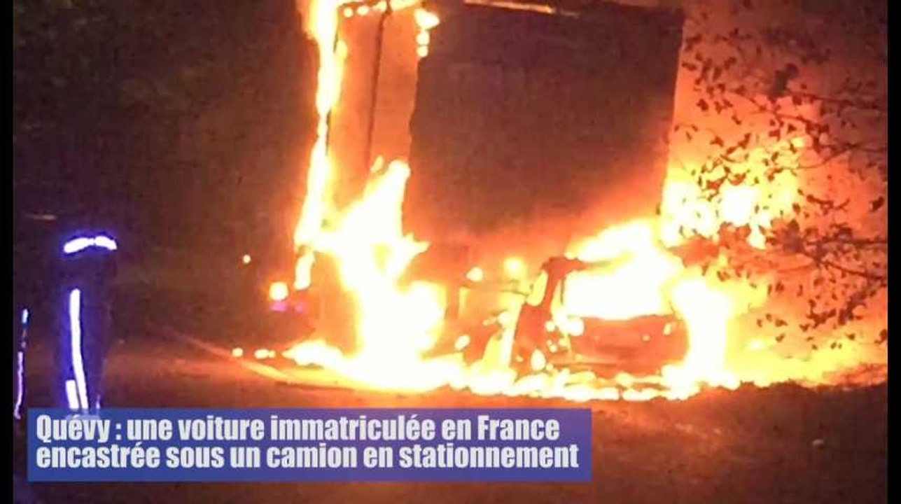 Quévy :une voiture immatriculée en France encastrée sous un camion en stationnement