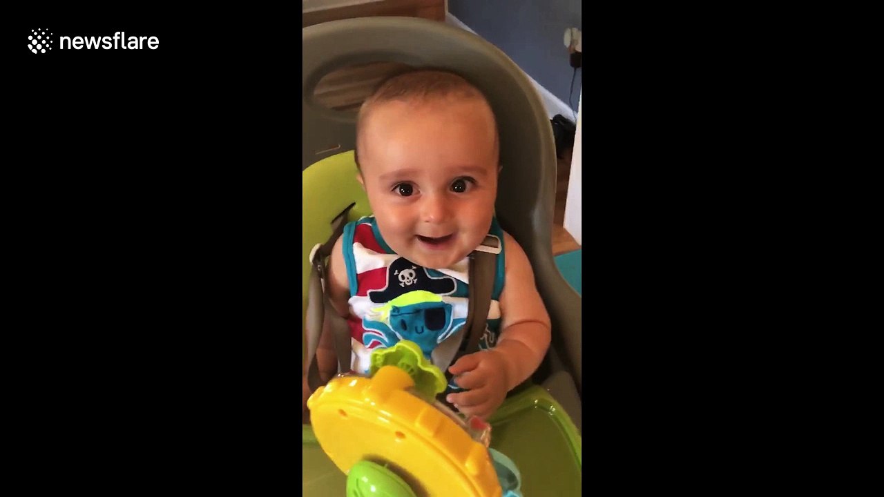 Adorable baby yelps in fright, laughs after dad scares him