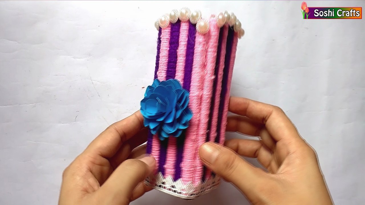 How to make easy & beautiful flower vase with woolen & paper!!!