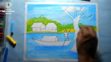 How to draw a scenery of river with boat _ easy drawing for kids ( 306 )