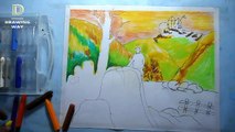 A man sitting in the forest drawing _ Oil Pastel ( 310 )