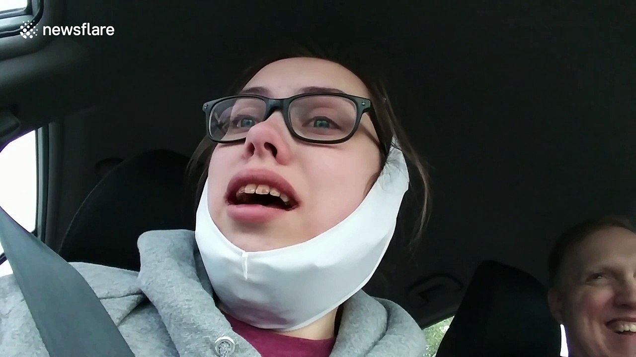 Girl ecstatic at seeing dog after wisdom tooth operation