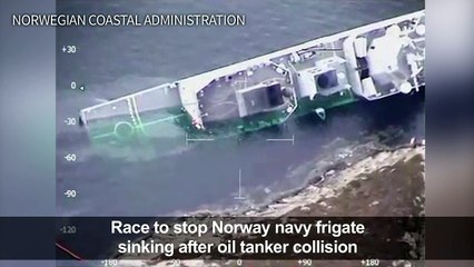 Race to stop Norway frigate sinking after oil tanker collision
