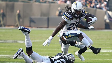 Melvin Gordon LEAPS over Karl Joseph