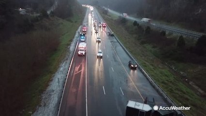 Drone footage shows I-81 backed up from snow day wreck