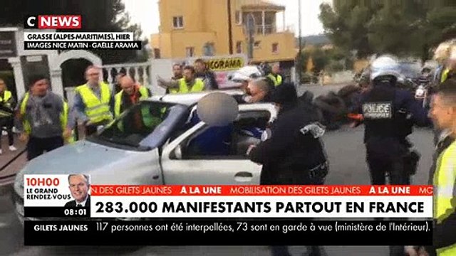 Gilets jaunes : Les images d'une interpellation musclée à Grasse quand on voiture fonce sur des policiers - Vidéo