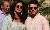 Priyanka Chopra and Nick Jonas as they step out of their family puja