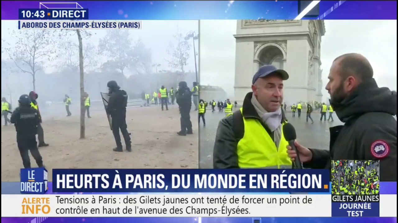 "On se fait gazer dès qu'on arrive." Ce gilet jaune déplore de ne pouvoir accéder aux Champs-Élysées