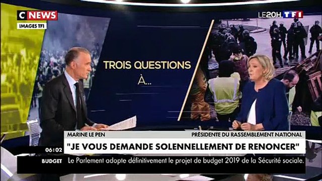 Gilets jaunes : Regardez Marine Le Pen qui s'adresse directement, en plein 20h sur TF1, à Emmanuel Macron
